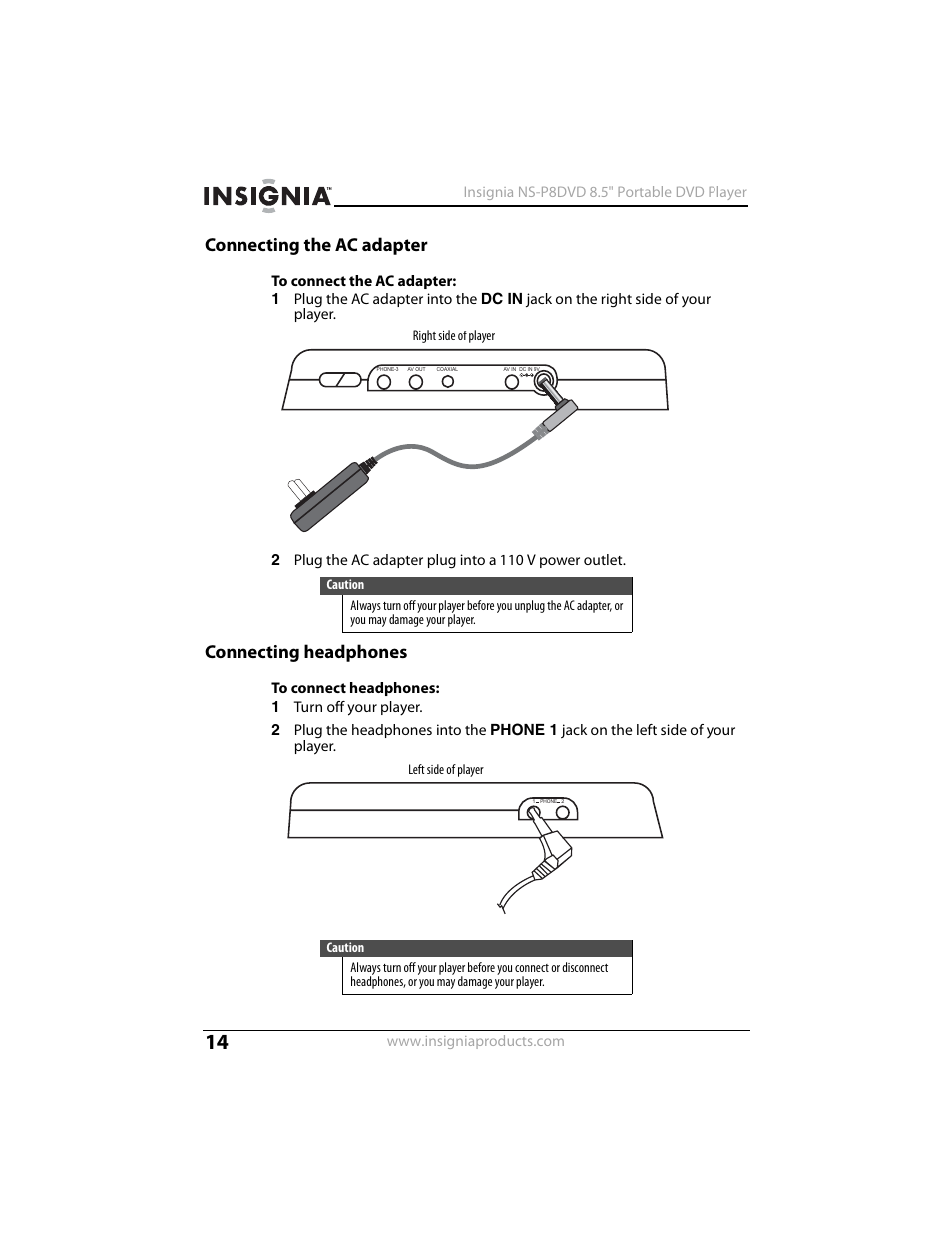 Connecting the ac adapter, Connecting headphones | Insignia NS-P8DVD User Manual | Page 14 / 44