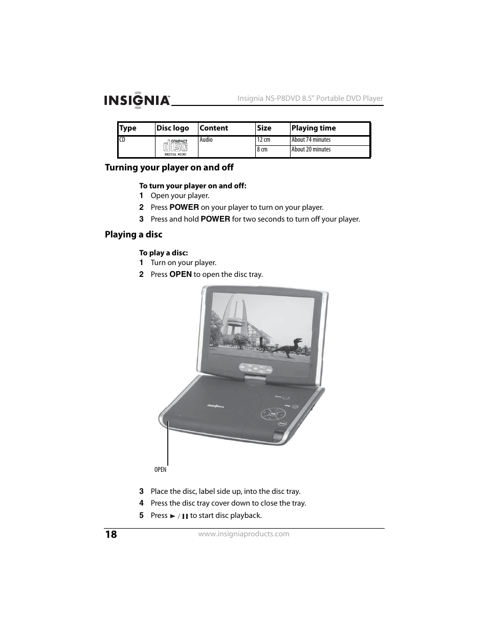 Turning your player on and off, Playing a disc | Insignia NS-P8DVD User Manual | Page 18 / 44