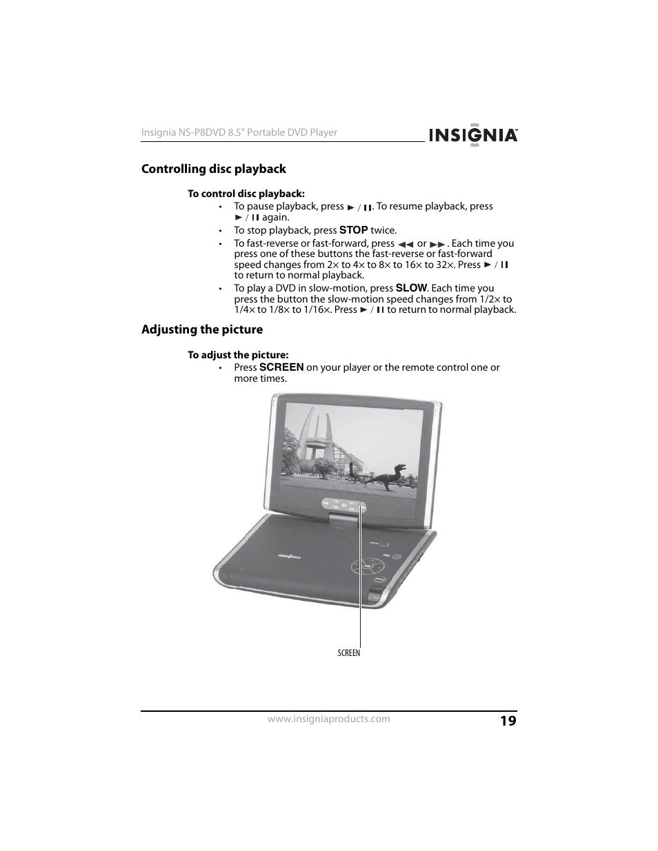 Controlling disc playback, Adjusting the picture | Insignia NS-P8DVD User Manual | Page 19 / 44