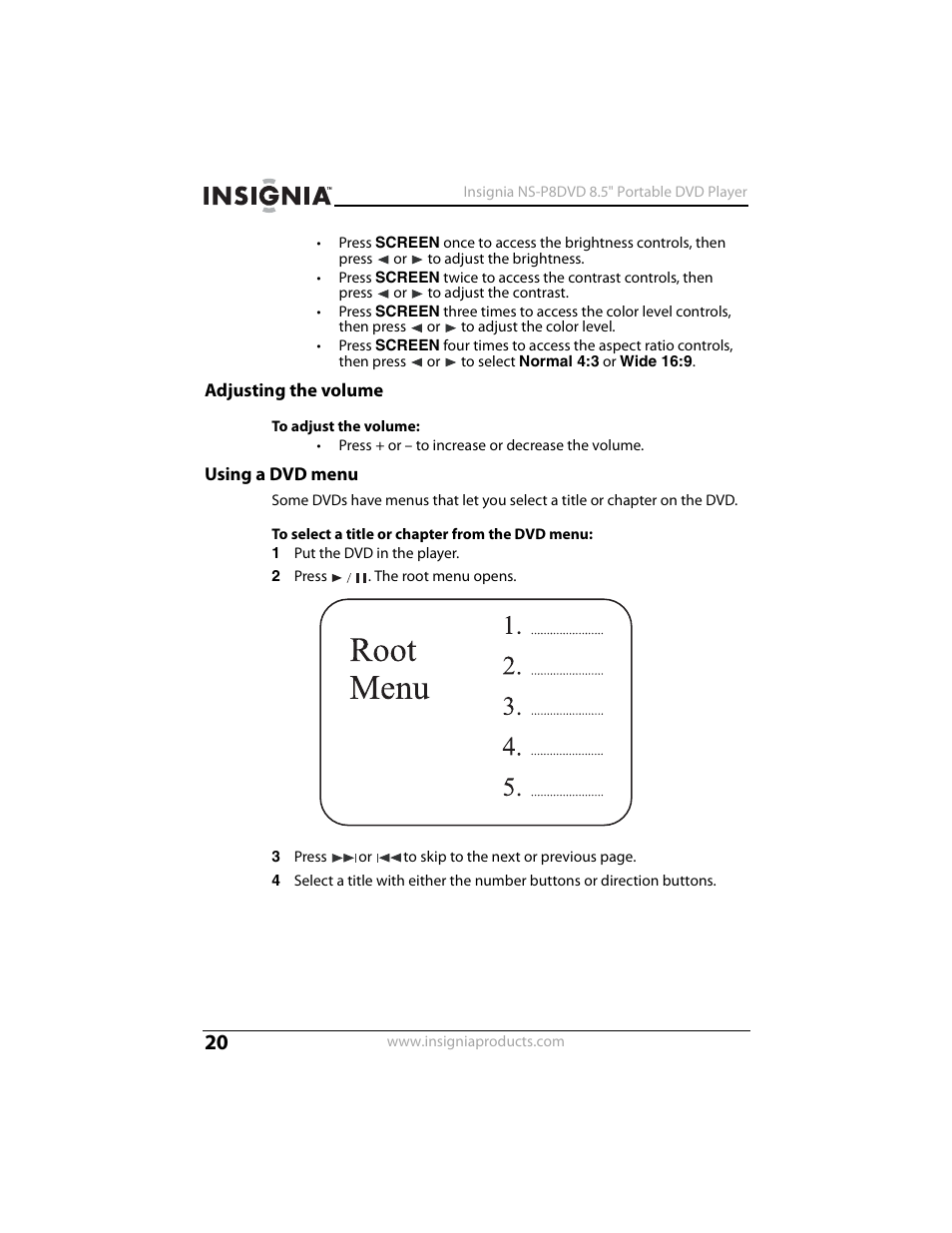 Adjusting the volume, Using a dvd menu | Insignia NS-P8DVD User Manual | Page 20 / 44