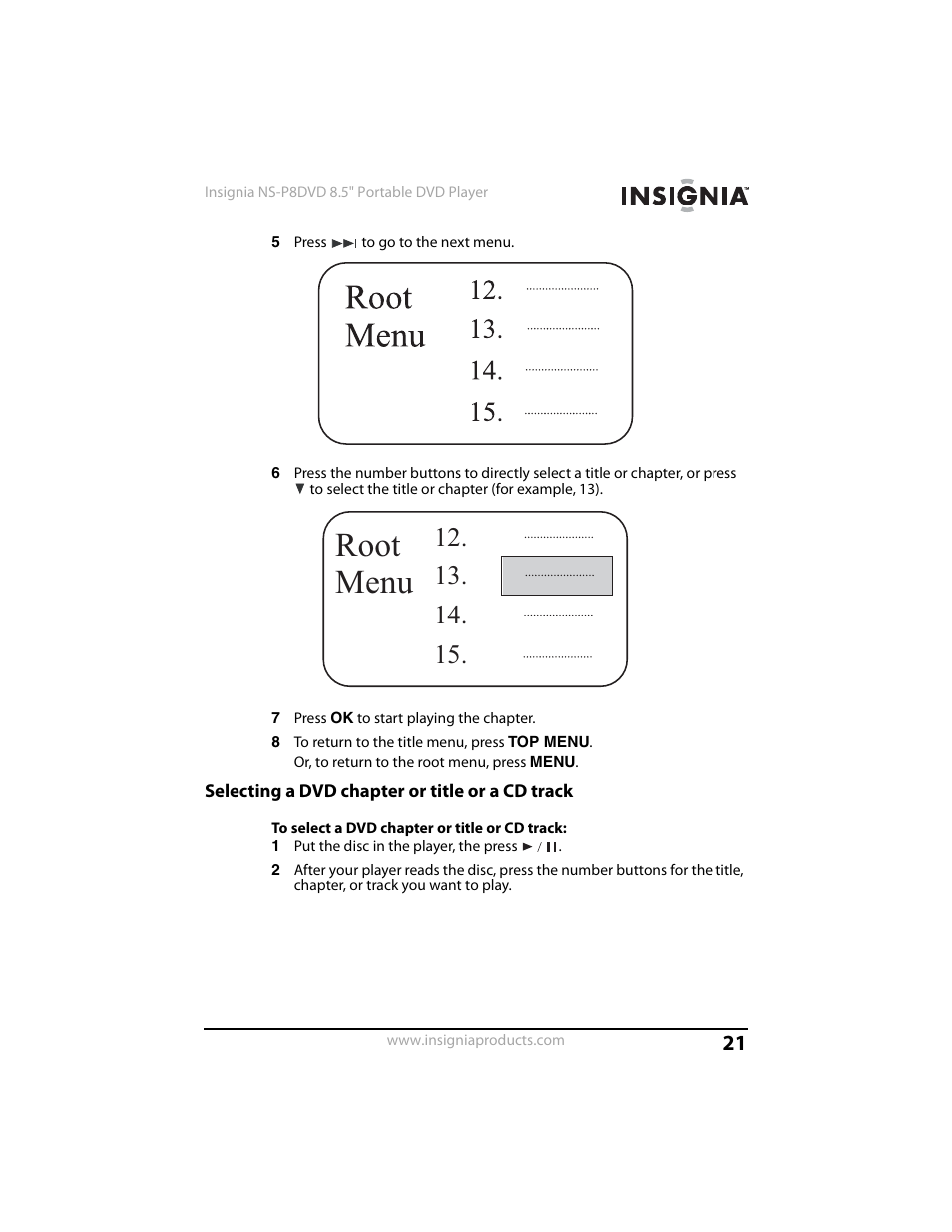 Selecting a dvd chapter or title or a cd track, Root menu | Insignia NS-P8DVD User Manual | Page 21 / 44