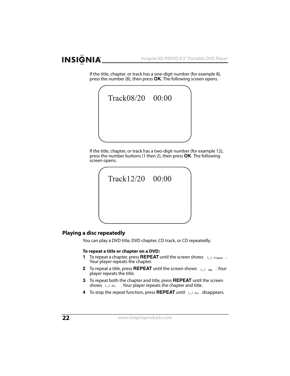 Playing a disc repeatedly | Insignia NS-P8DVD User Manual | Page 22 / 44