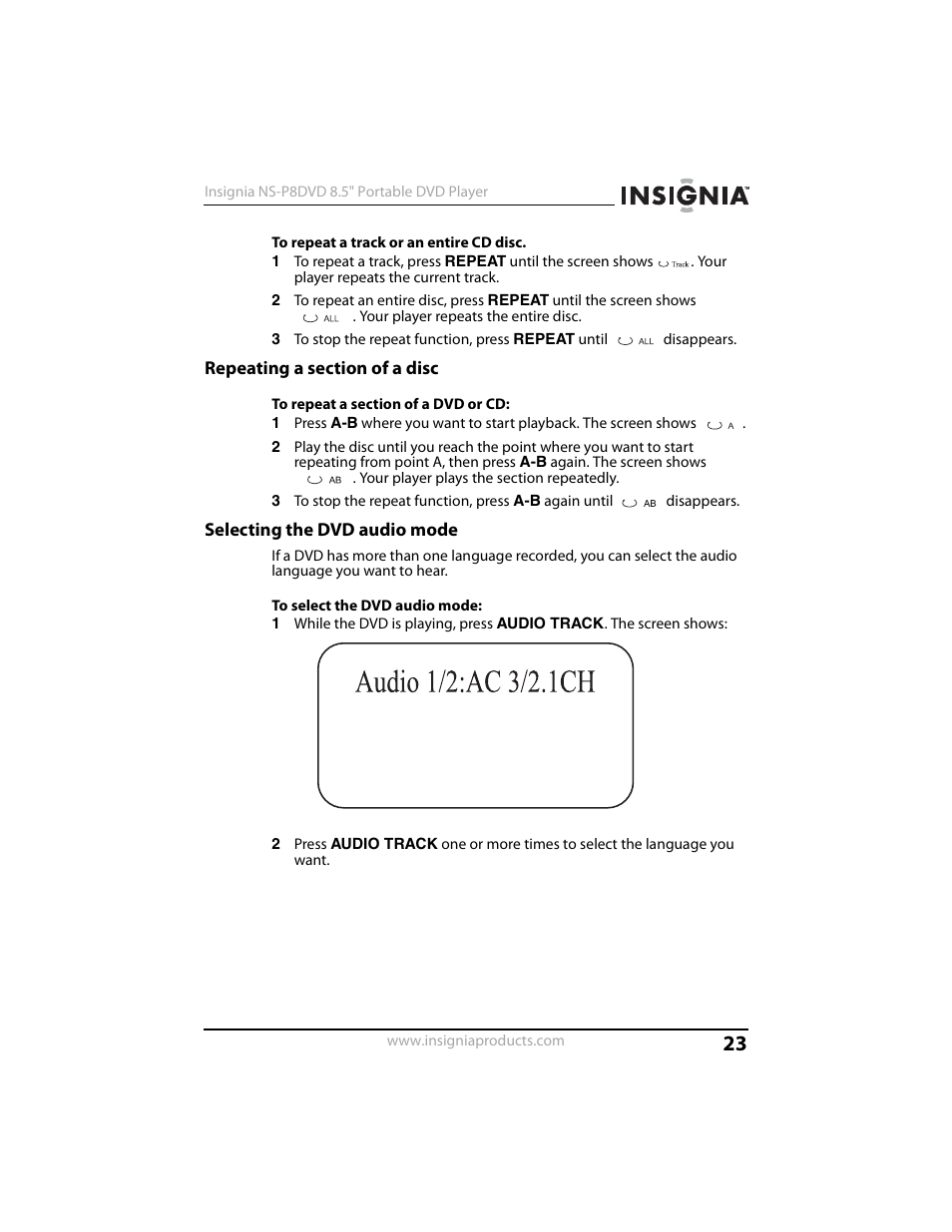 Repeating a section of a disc, Selecting the dvd audio mode | Insignia NS-P8DVD User Manual | Page 23 / 44