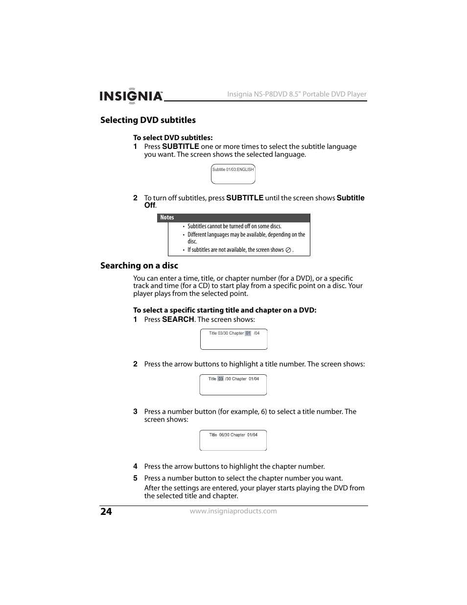 Selecting dvd subtitles, Searching on a disc | Insignia NS-P8DVD User Manual | Page 24 / 44