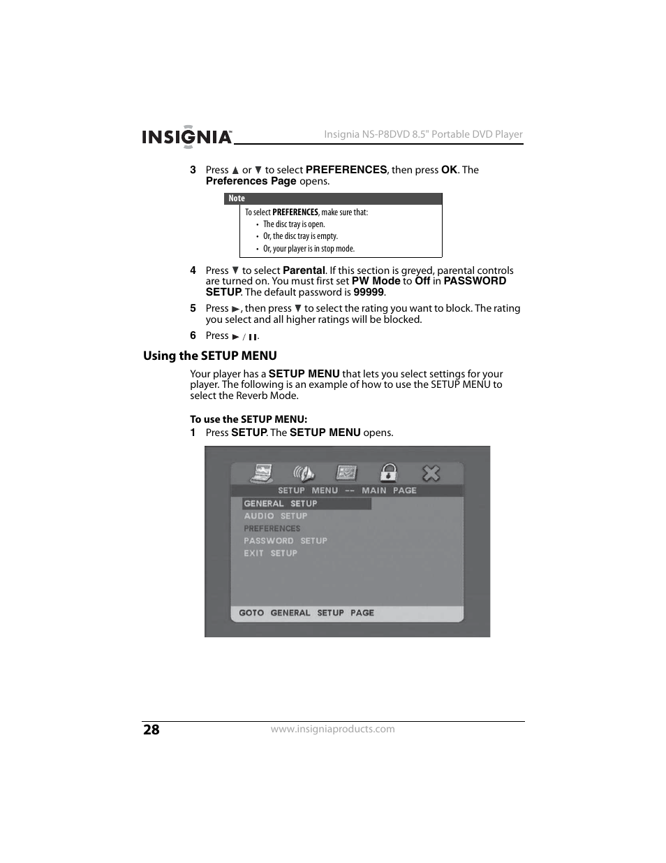 Using the setup menu | Insignia NS-P8DVD User Manual | Page 28 / 44