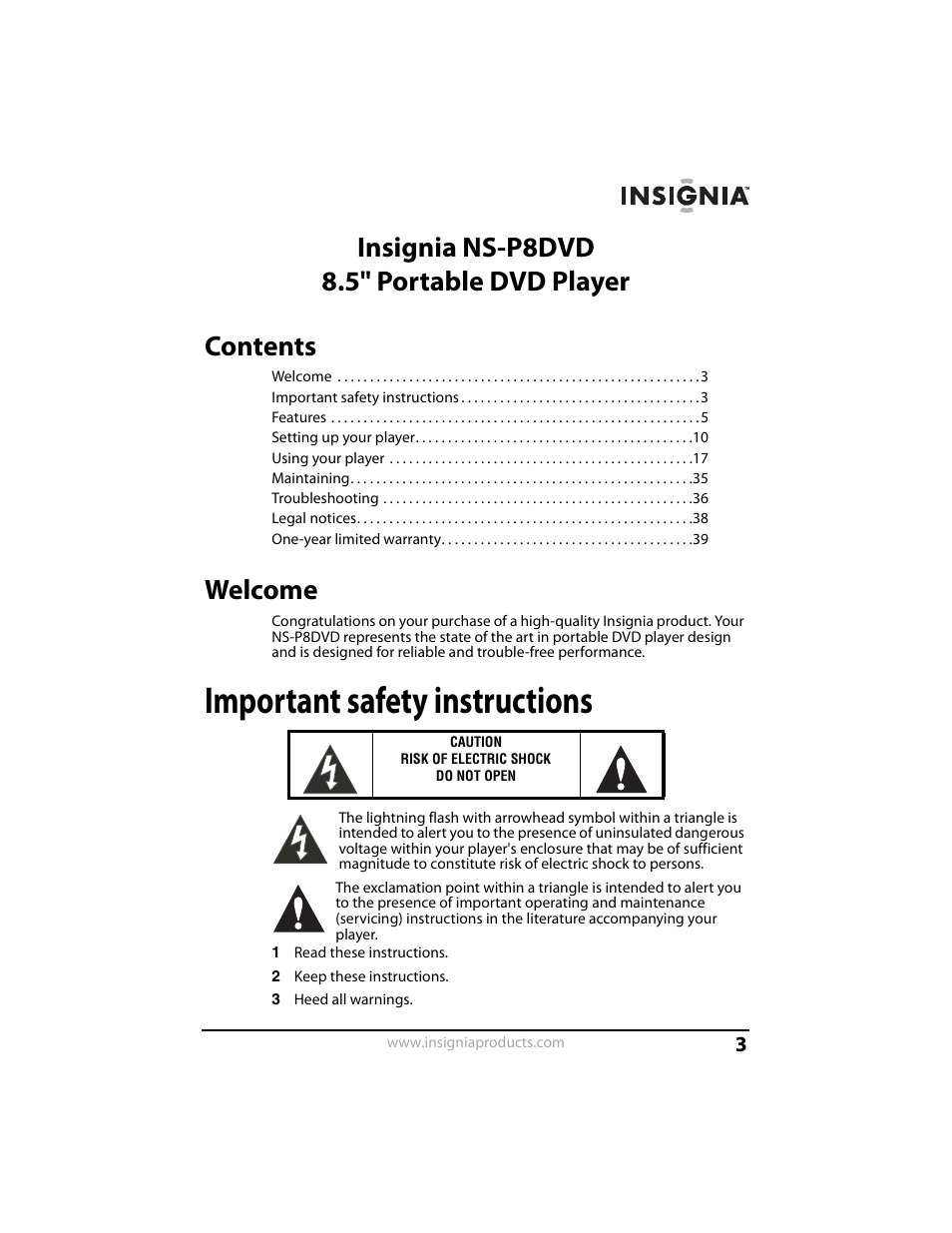 Insignia NS-P8DVD User Manual | Page 3 / 44