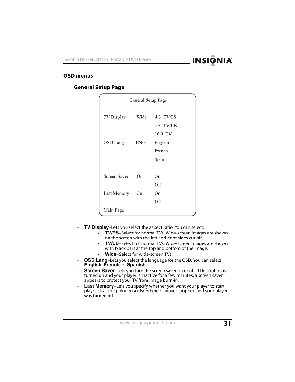 Osd menus | Insignia NS-P8DVD User Manual | Page 31 / 44