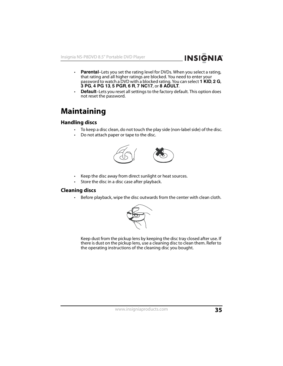 Maintaining, Handling discs, Cleaning discs | Insignia NS-P8DVD User Manual | Page 35 / 44