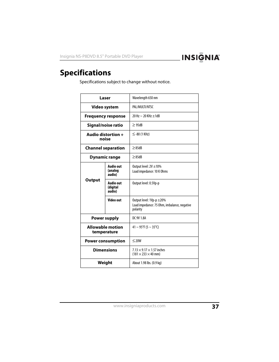 Specifications | Insignia NS-P8DVD User Manual | Page 37 / 44