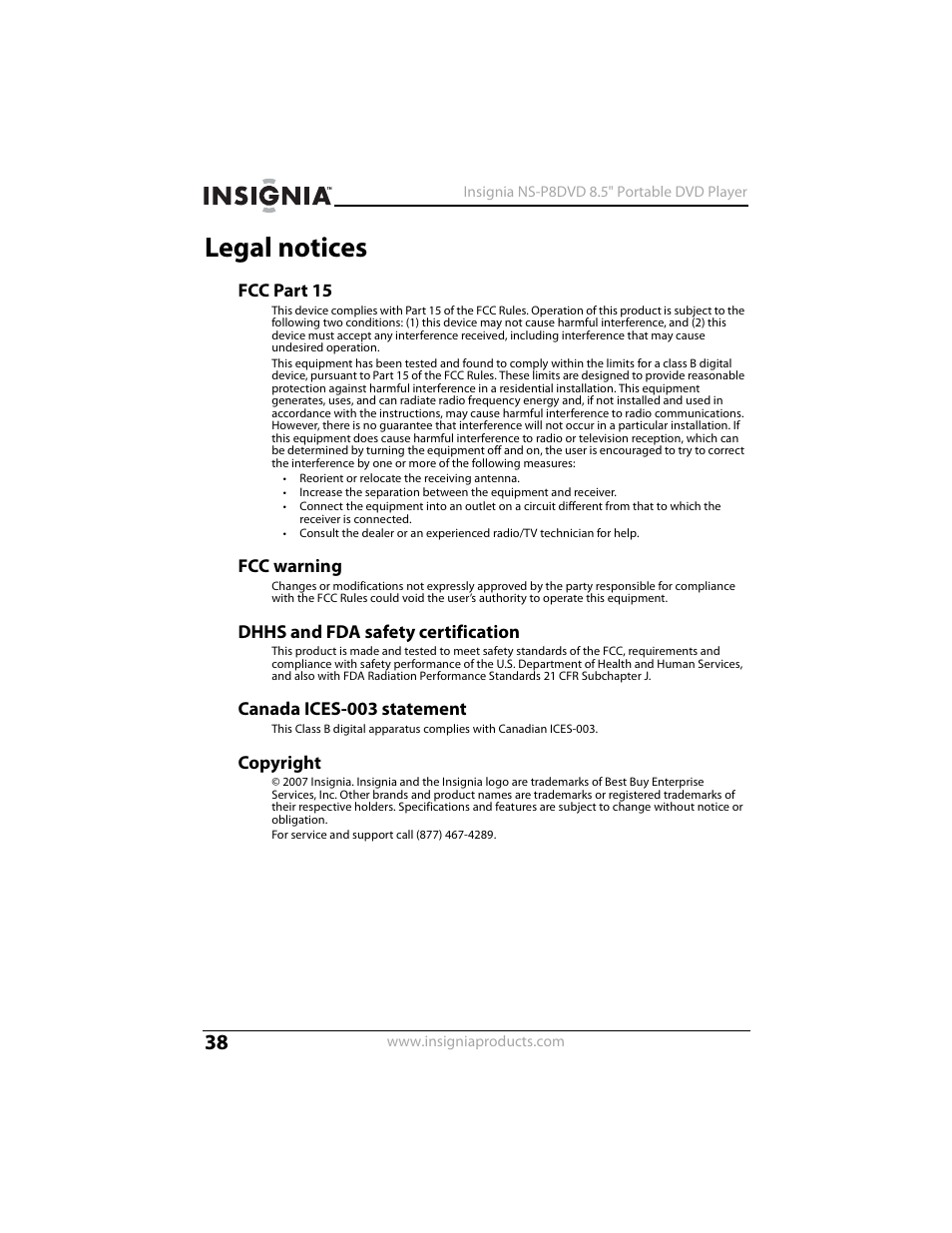 Legal notices, Fcc part 15, Fcc warning | Dhhs and fda safety certification, Canada ices-003 statement, Copyright | Insignia NS-P8DVD User Manual | Page 38 / 44