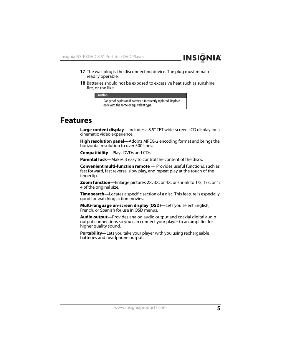 Features | Insignia NS-P8DVD User Manual | Page 5 / 44