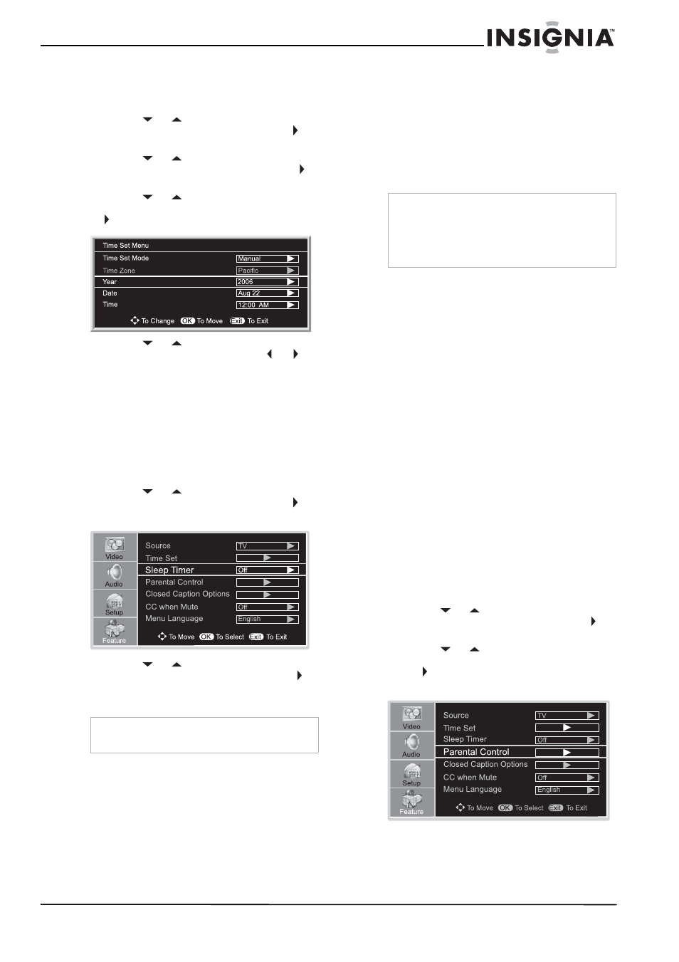 Manually setting the clock, To manually set the clock, Setting the sleep timer | To set the sleep timer, Viewing closed captions, To view closed captions, Setting parental controls, To set up a password | Insignia NS-37LCD User Manual | Page 15 / 86