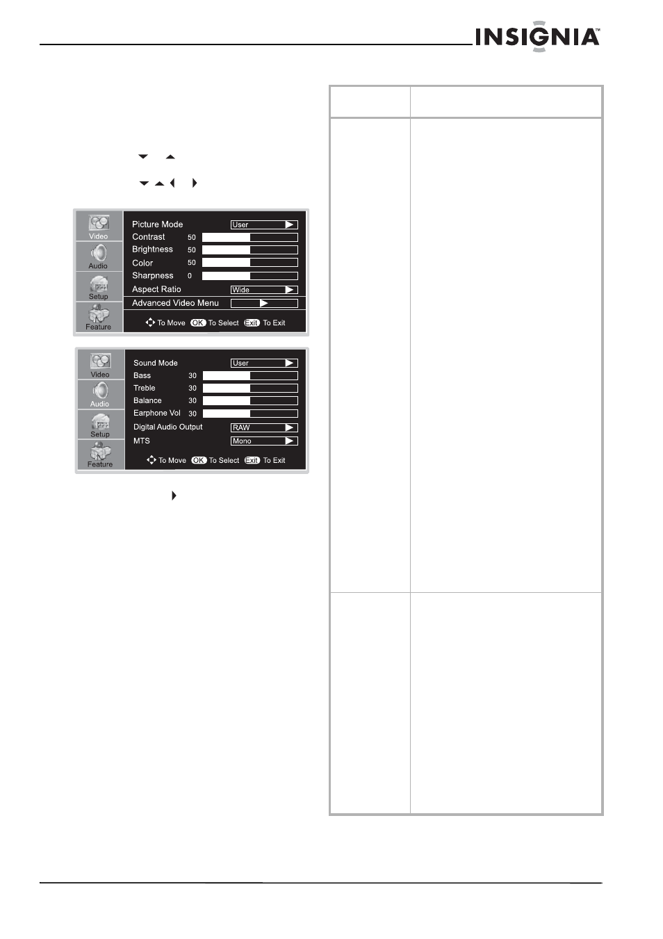 Using the on-screen menu, To use the on-screen menu, On-screen menus | Insignia NS-37LCD User Manual | Page 17 / 86