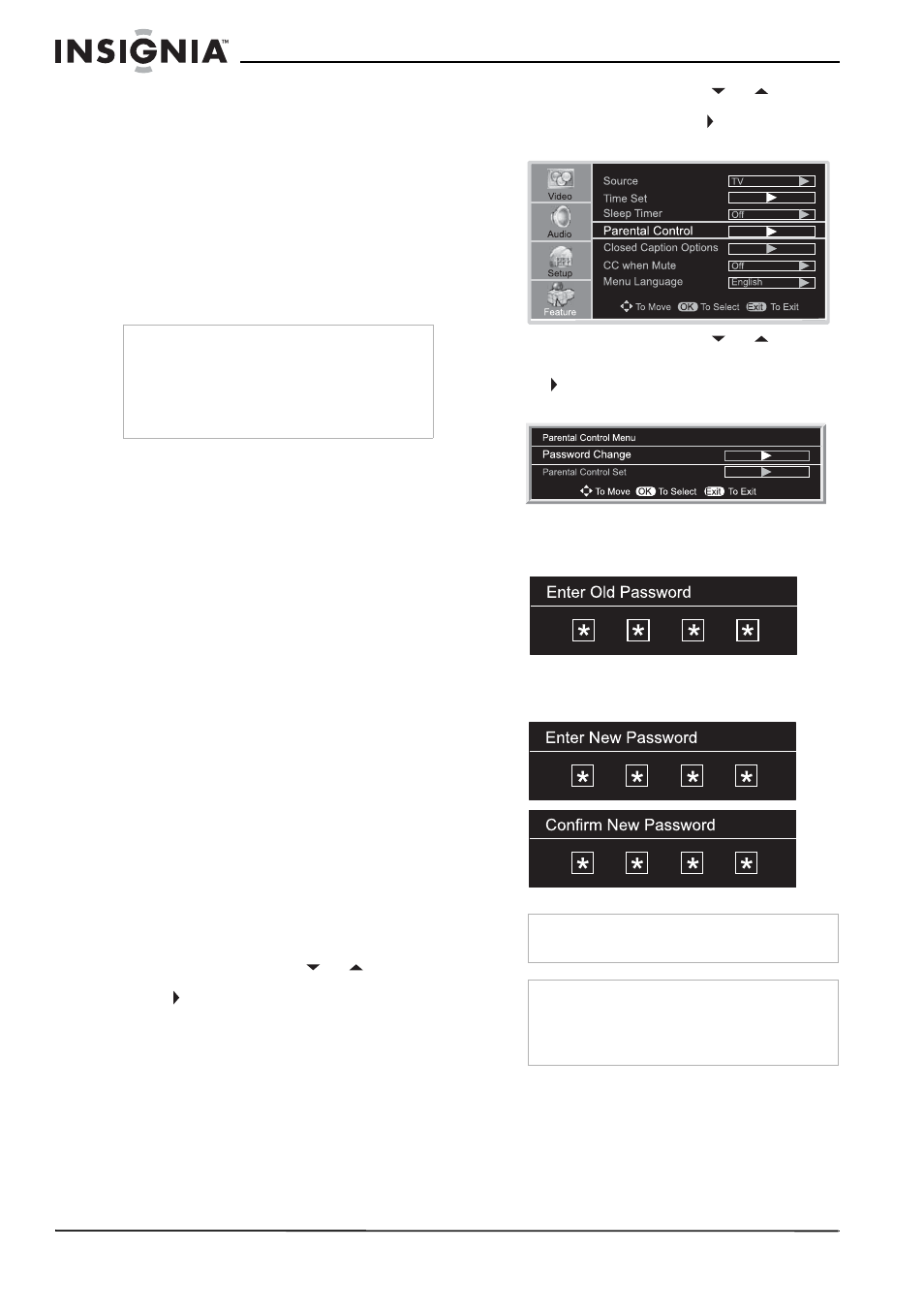 Visualisation des sous-titres codés, Pour visualiser les sous-titres codés, Configuration du contrôle parental | Pour configurer un mot de passe | Insignia NS-37LCD User Manual | Page 44 / 86