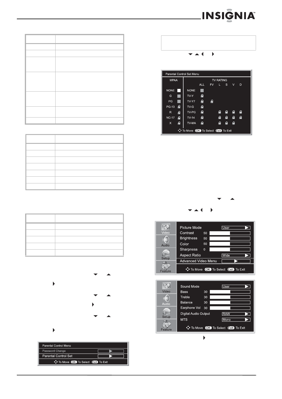 Classification mpaa, Classification des directives parentales tv, Pour paramétrer la classification | Utilisation du menu d’écran, Pour utiliser le menu d’écran | Insignia NS-37LCD User Manual | Page 45 / 86