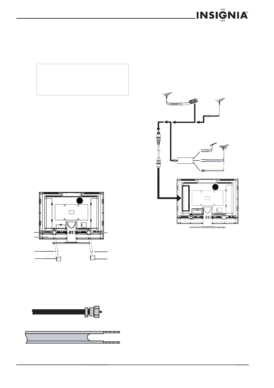 Conexión de su televisor a un tomacorriente, Instalación y conexión de los parlantes, Conexión de una antena exterior | Conexión de tv por cable | Insignia NS-37LCD User Manual | Page 63 / 86
