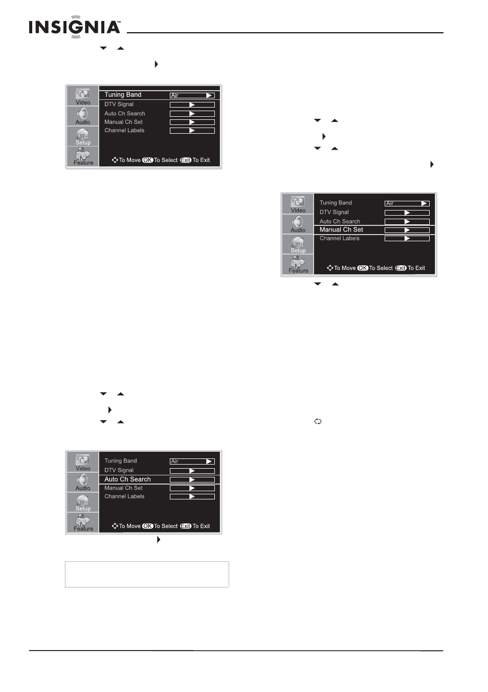 Configuración de la lista de canales, Configuración automática de canales, Para agregar o borrar canales | Cambio de canales, Para cambiar los canales, Selección de un sub-canal digital, Para seleccionar un sub-canal, Ajuste del volumen, Para ajustar el volumen | Insignia NS-37LCD User Manual | Page 68 / 86