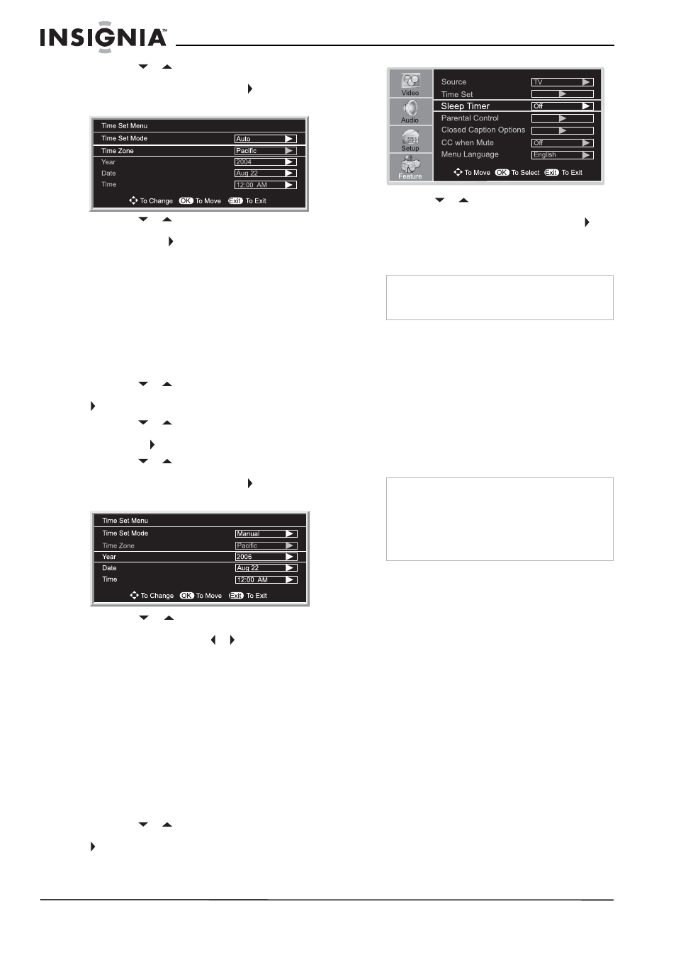 Ajuste manual del reloj, Para ajustar el reloj manualmente, Ajuste del temporizador de apagado automático | Para ajustar el temporizador de apagado automático, Visualización de subtítulos optativos, Para ver los subtítulos optativos | Insignia NS-37LCD User Manual | Page 70 / 86