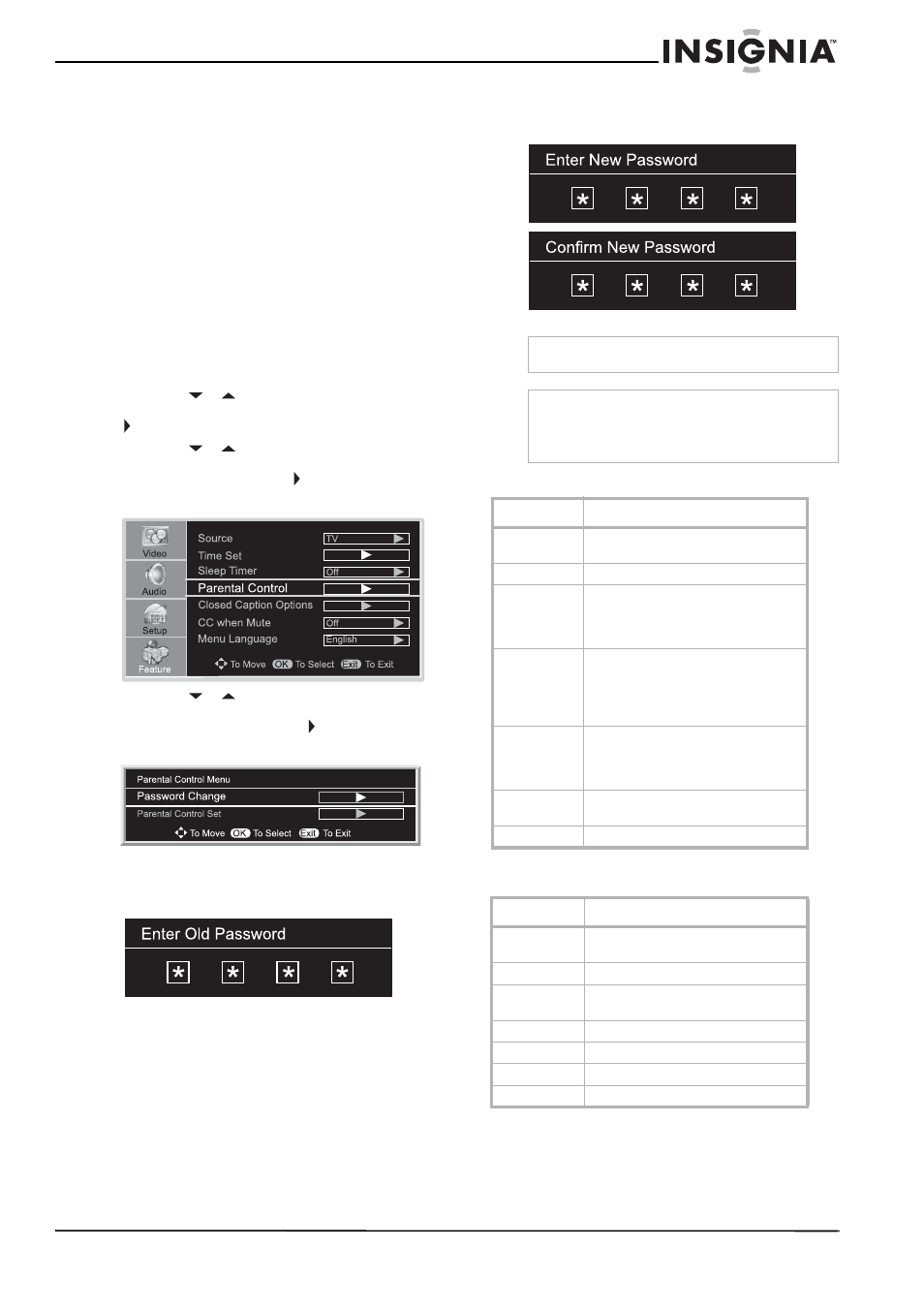Configuración de los controles de los padres, Para establecer una contraseña, Clasificaciones mpaa | Insignia NS-37LCD User Manual | Page 71 / 86