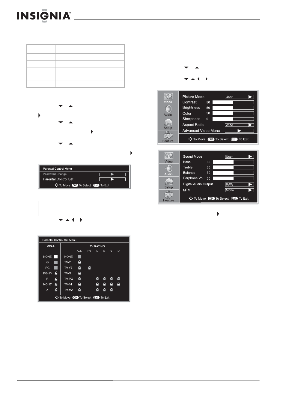 Para ajustar las clasificaciones, Uso del menú de pantalla (osd), Para usar el menú de pantalla | Insignia NS-37LCD User Manual | Page 72 / 86