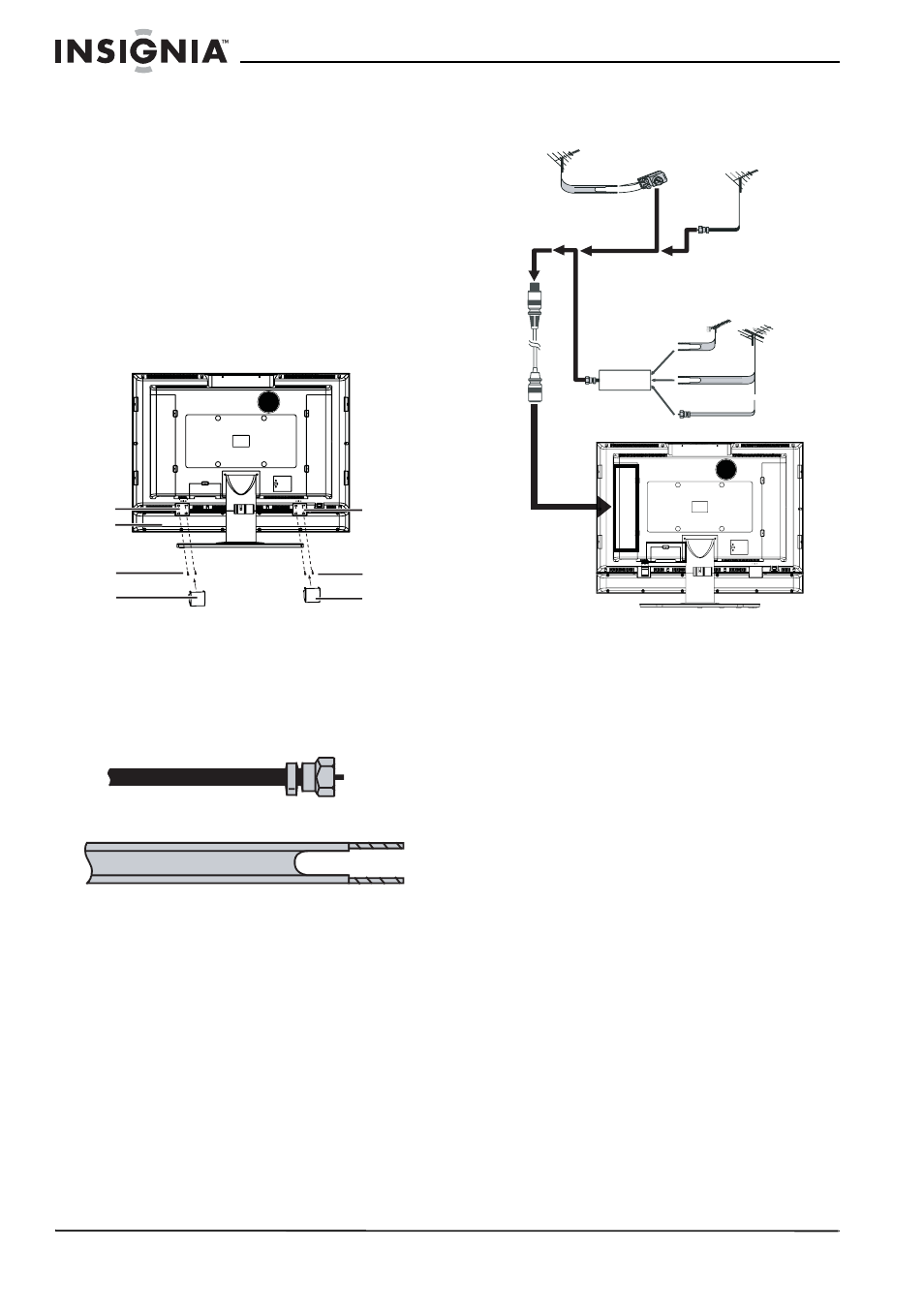 Attaching and connecting the speaker, To attach and connect the speaker to your tv, Connecting an outside antenna | Connecting cable tv | Insignia NS-37LCD User Manual | Page 8 / 86