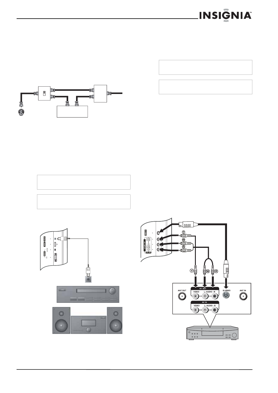 Connecting a sound system, To connect to a sound system, Connecting a vcr | To connect a vcr and play a videotape | Insignia NS-37LCD User Manual | Page 9 / 86