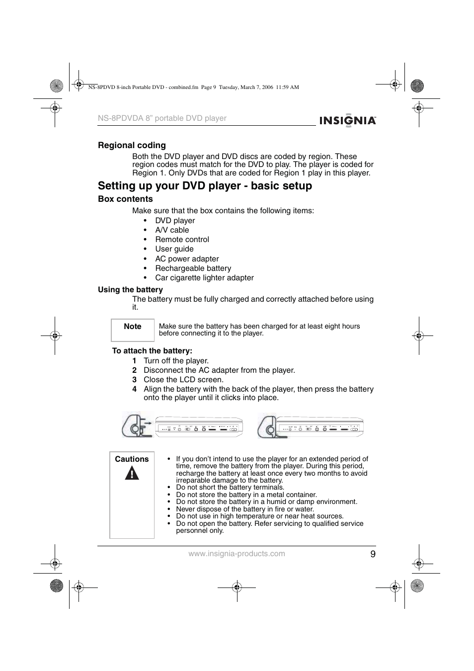Setting up your dvd player - basic setup, Regional coding, Box contents | Cautions | Insignia NS-8PDVDA User Manual | Page 10 / 104