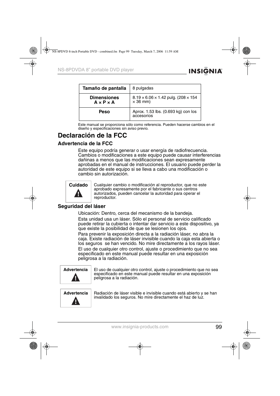 Declaración de la fcc | Insignia NS-8PDVDA User Manual | Page 100 / 104