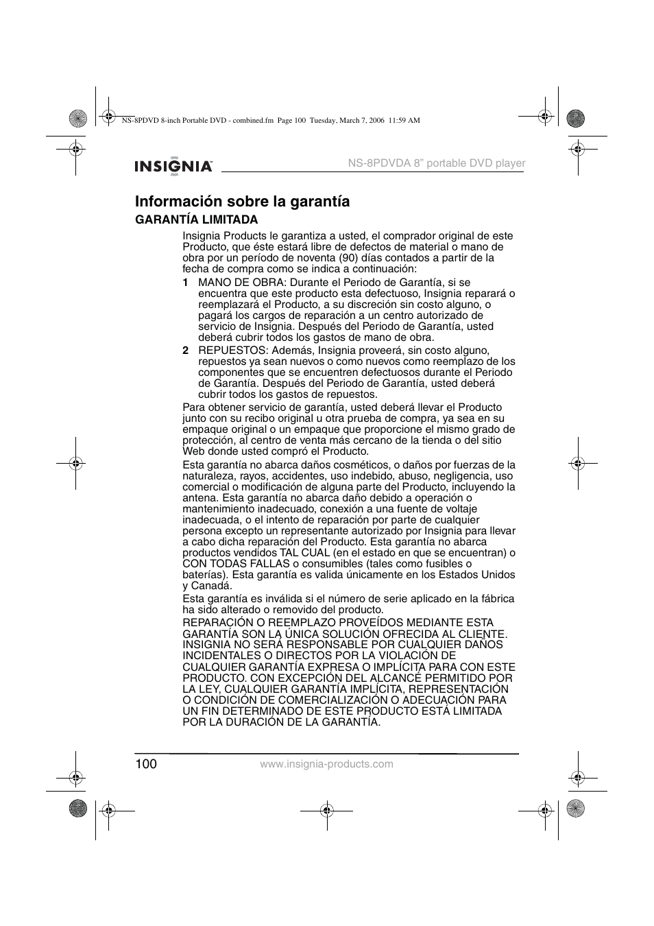 Información sobre la garantía | Insignia NS-8PDVDA User Manual | Page 101 / 104