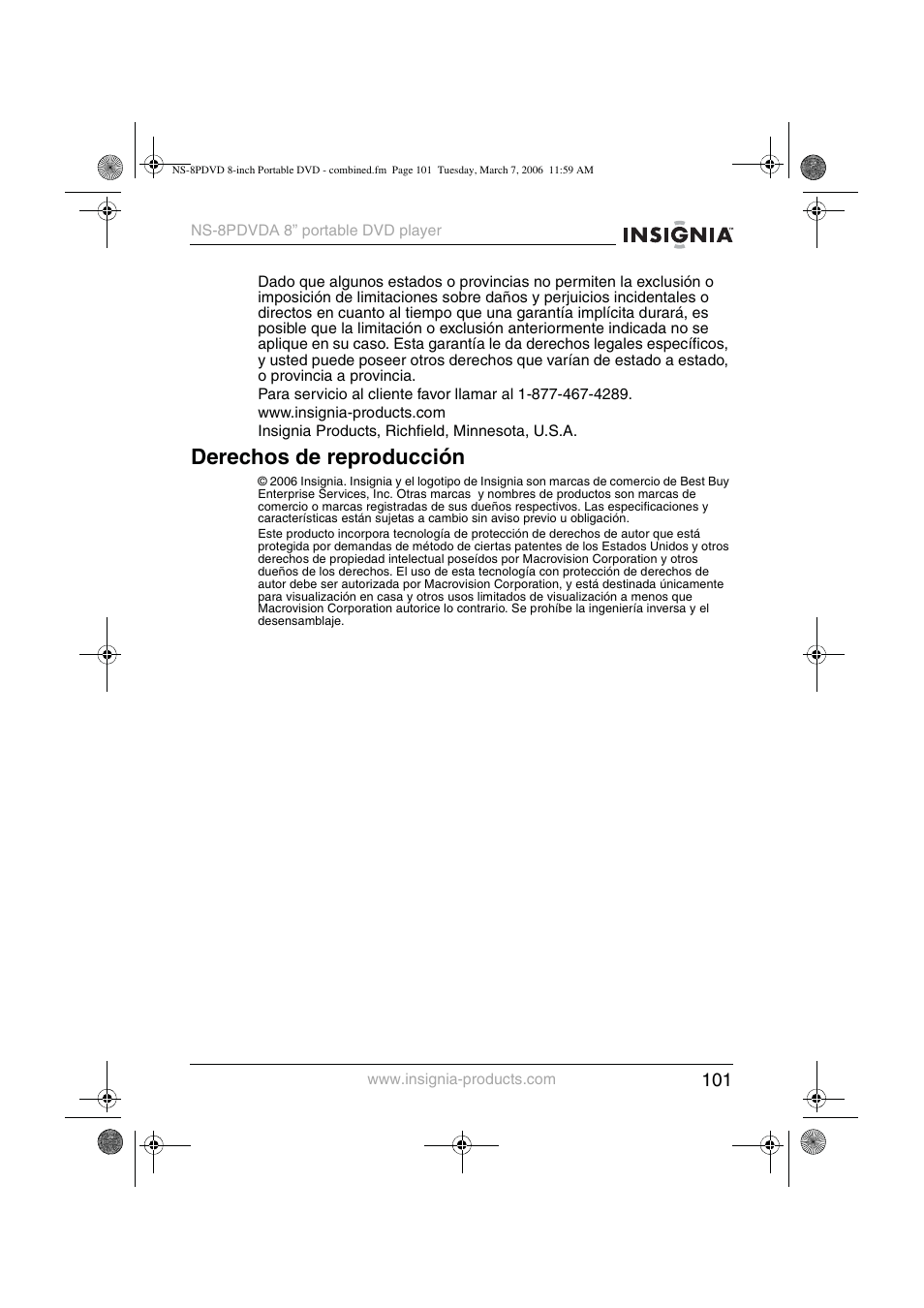 Derechos de reproducción | Insignia NS-8PDVDA User Manual | Page 102 / 104