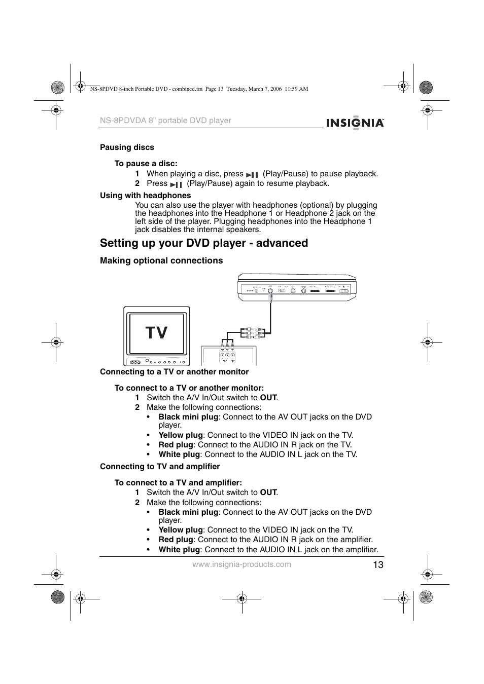 Setting up your dvd player - advanced, Making optional connections | Insignia NS-8PDVDA User Manual | Page 14 / 104