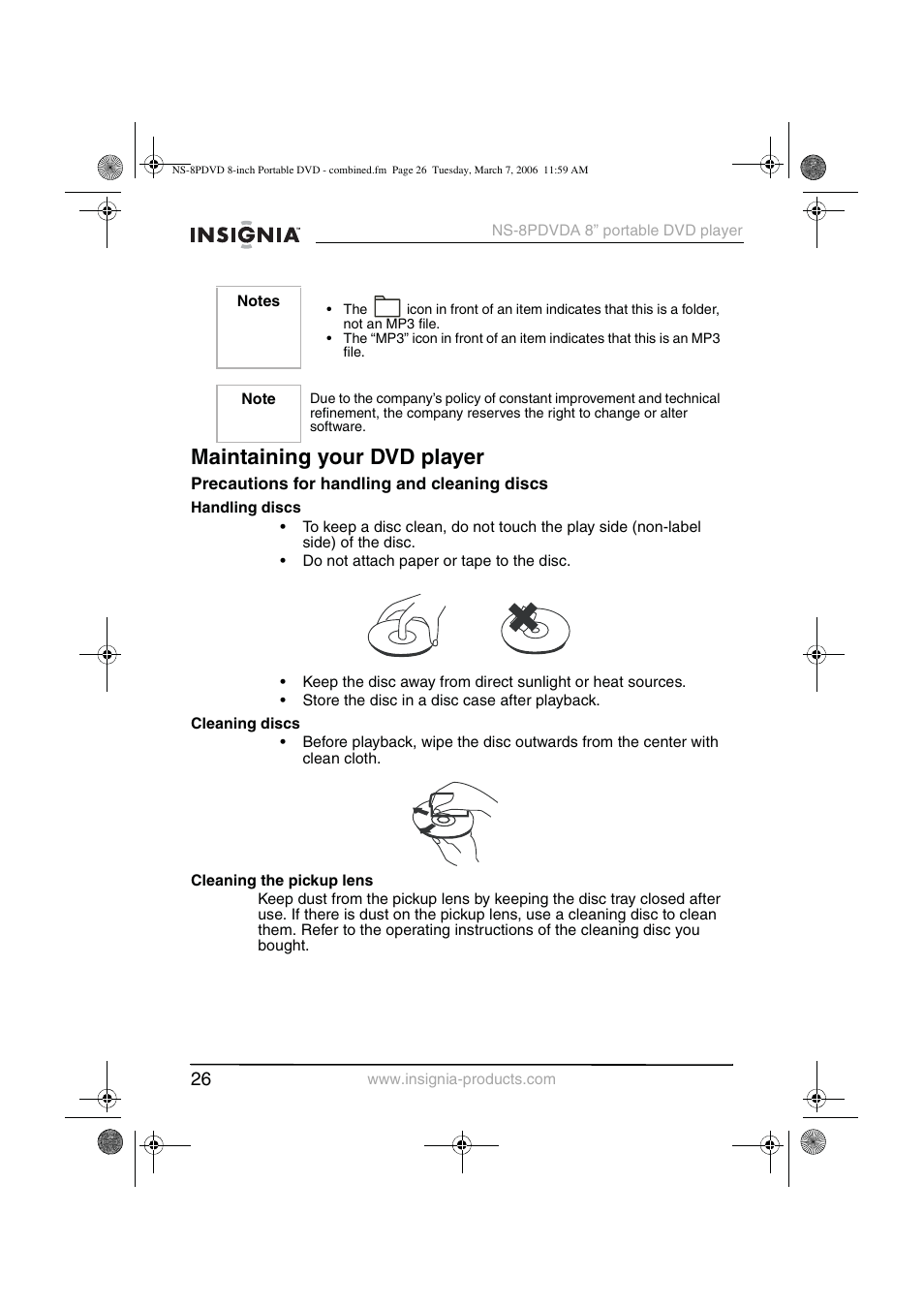 Maintaining your dvd player | Insignia NS-8PDVDA User Manual | Page 27 / 104
