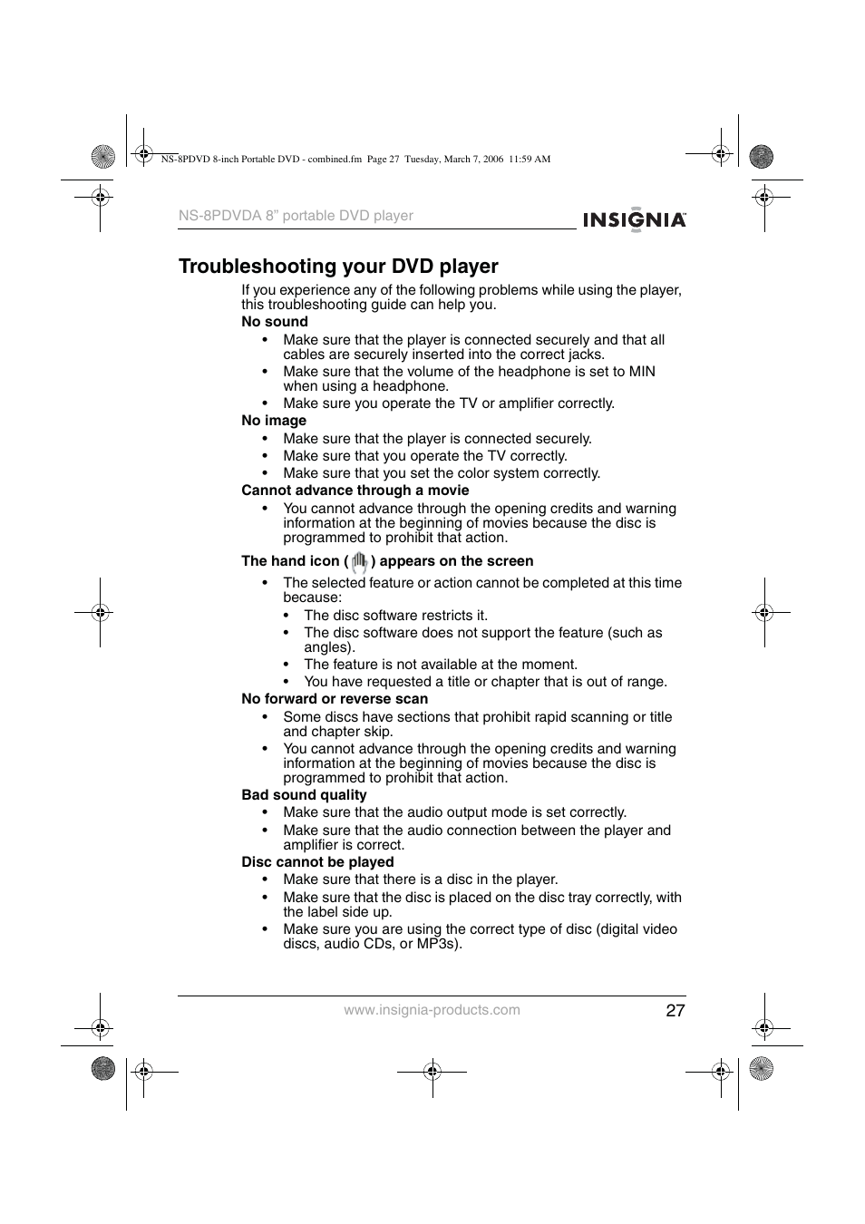 Troubleshooting your dvd player | Insignia NS-8PDVDA User Manual | Page 28 / 104