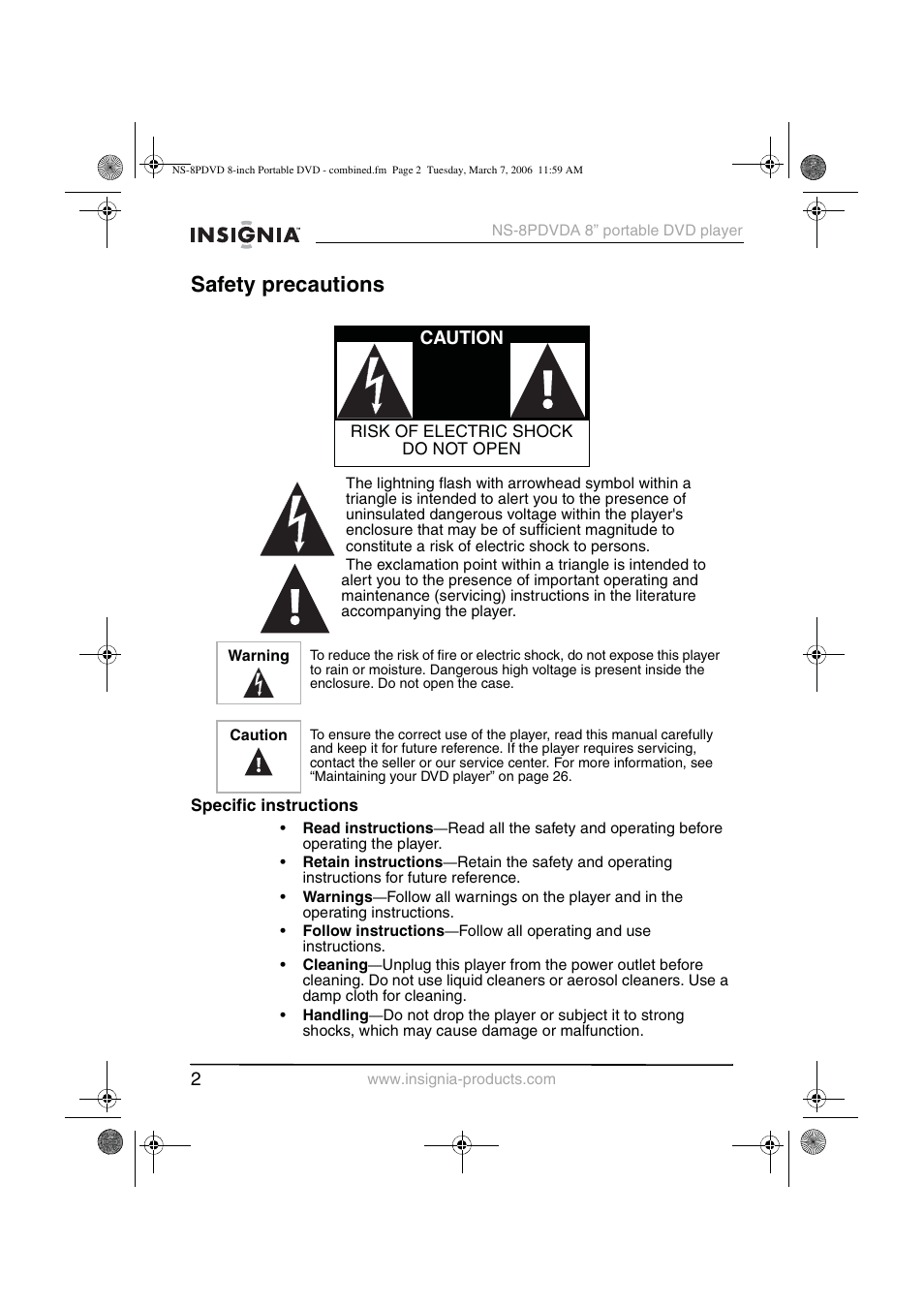 Safety precautions, Caution | Insignia NS-8PDVDA User Manual | Page 3 / 104