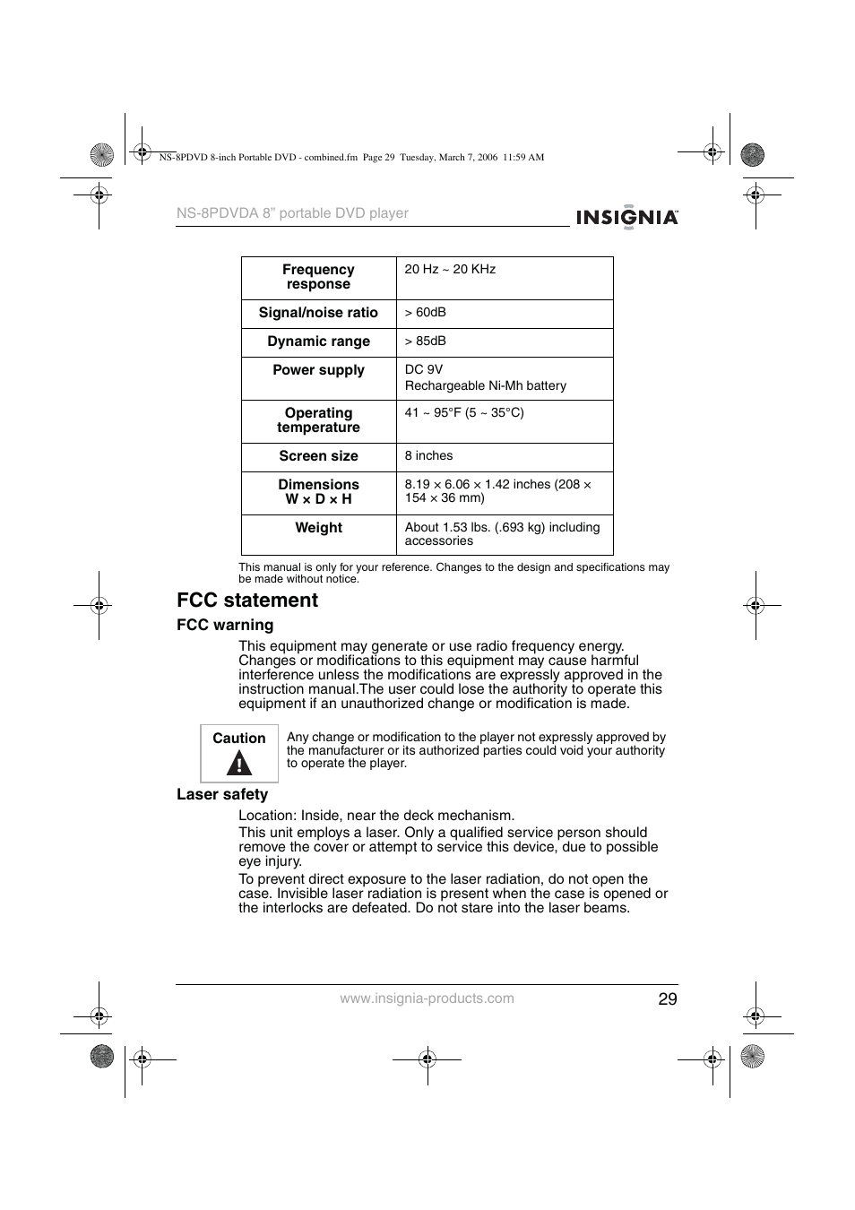 Fcc statement | Insignia NS-8PDVDA User Manual | Page 30 / 104