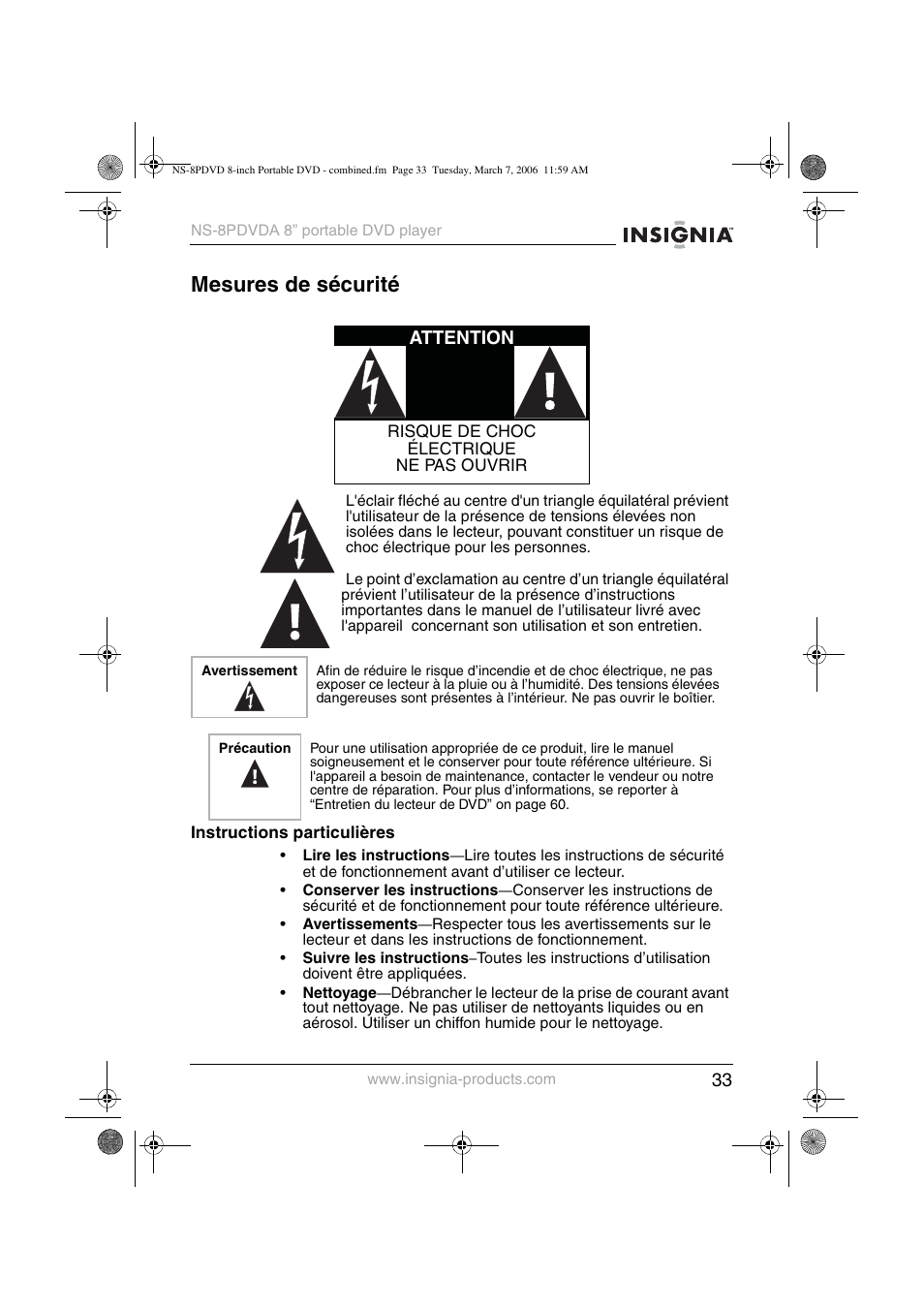 Mesures de sécurité, Attention | Insignia NS-8PDVDA User Manual | Page 34 / 104