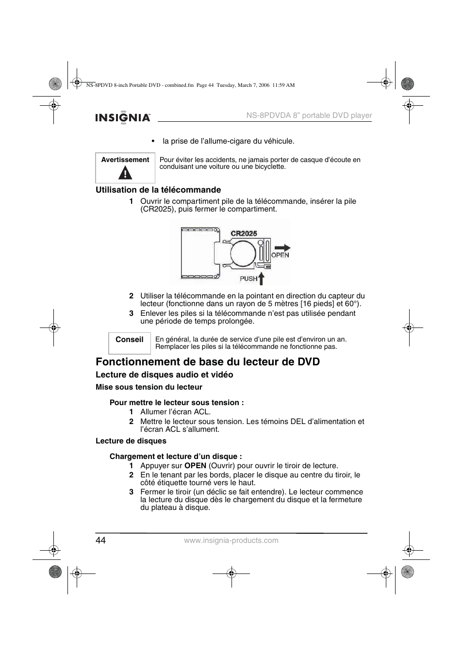 Fonctionnement de base du lecteur de dvd | Insignia NS-8PDVDA User Manual | Page 45 / 104