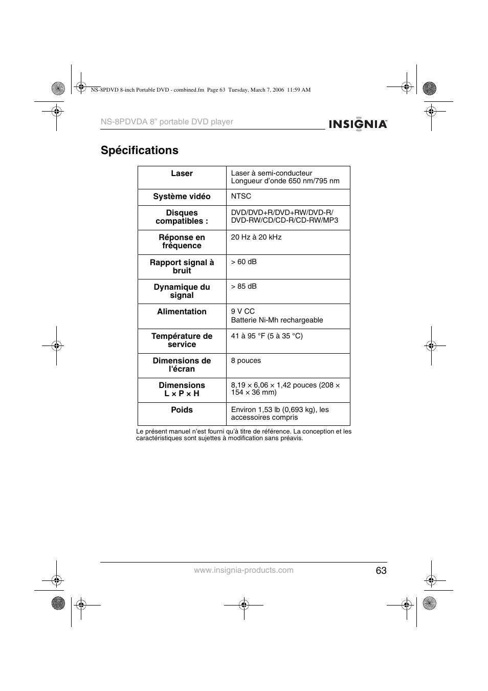 Spécifications | Insignia NS-8PDVDA User Manual | Page 64 / 104