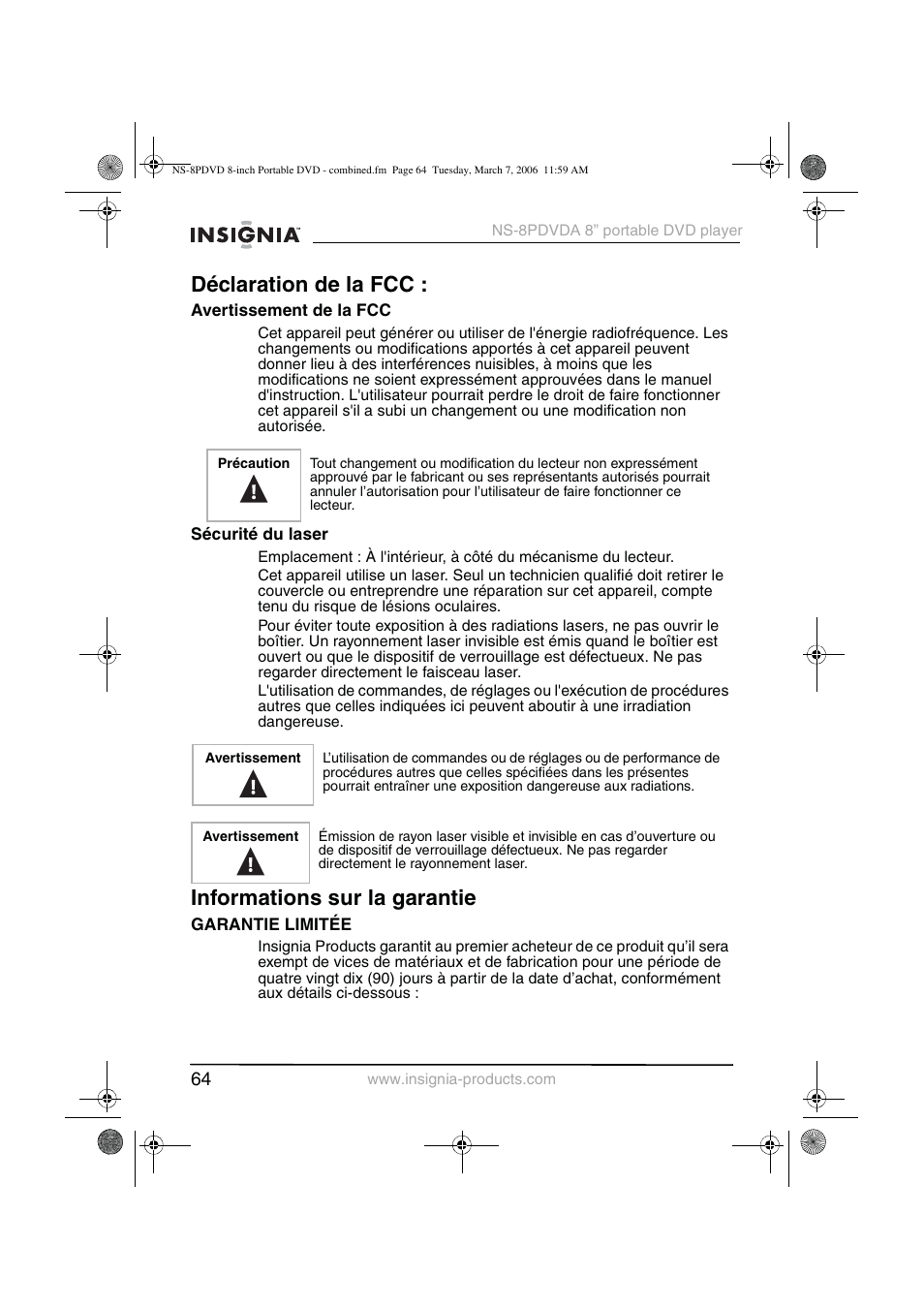 Déclaration de la fcc, Informations sur la garantie | Insignia NS-8PDVDA User Manual | Page 65 / 104