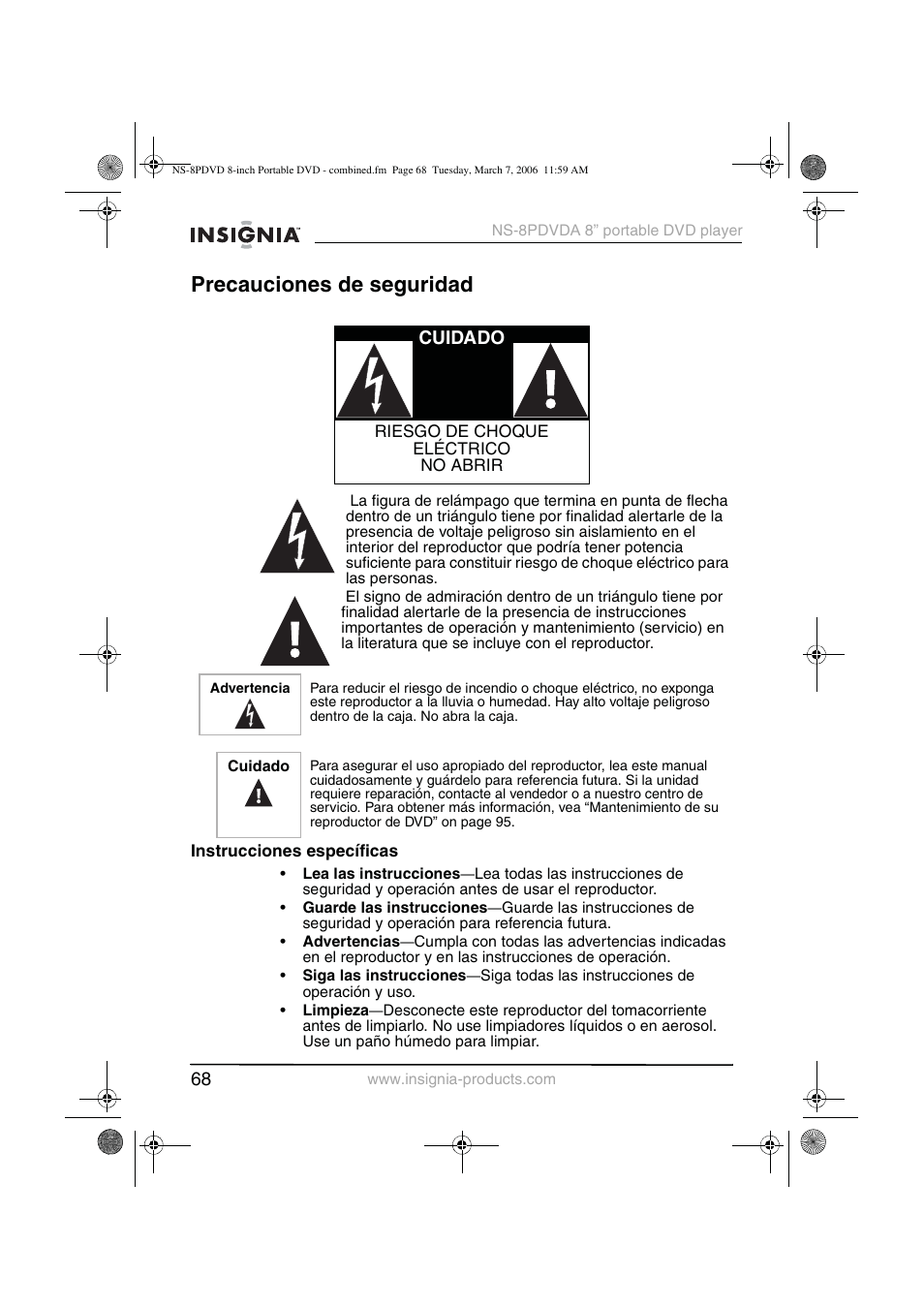 Precauciones de seguridad, Cuidado | Insignia NS-8PDVDA User Manual | Page 69 / 104