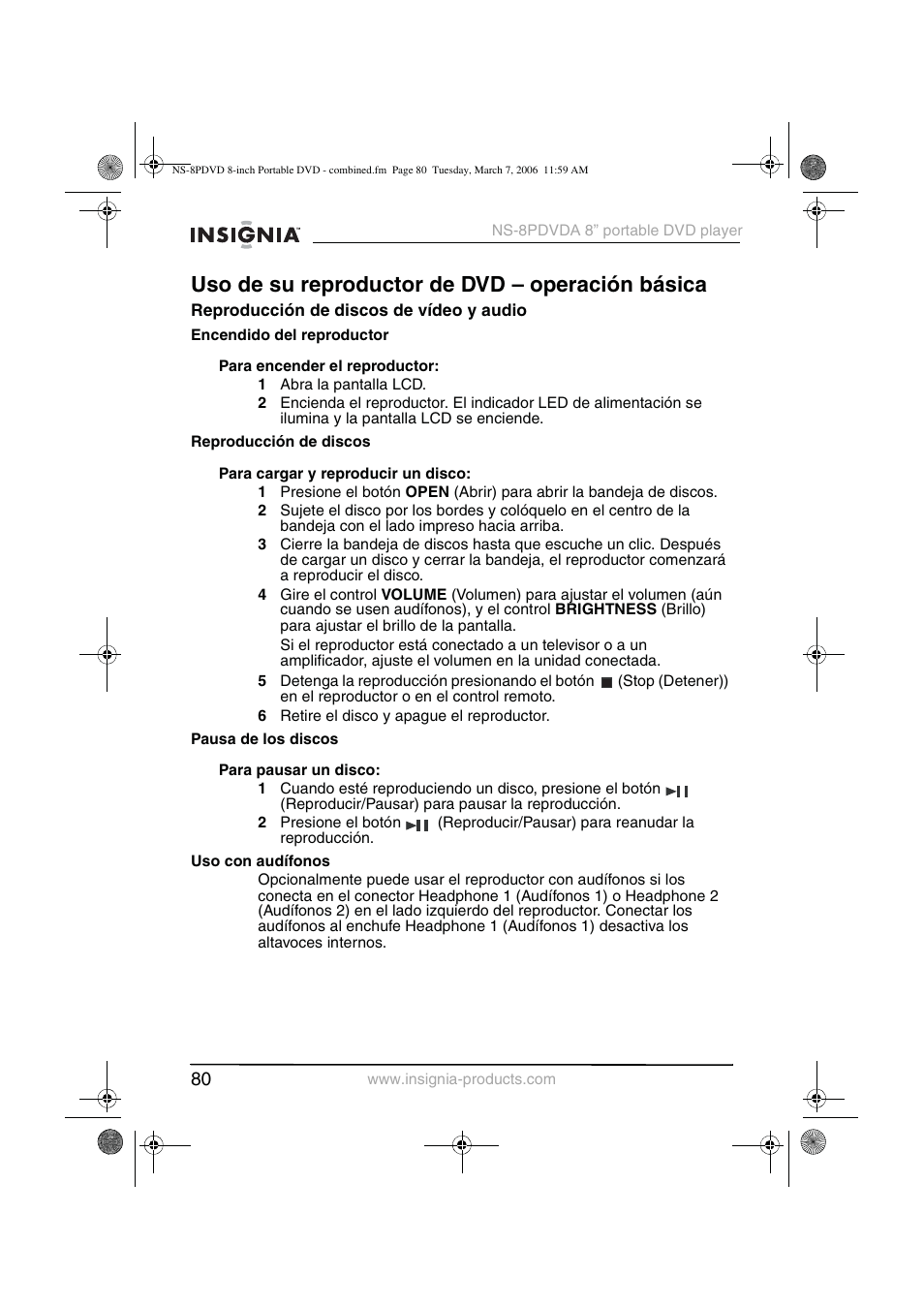 Uso de su reproductor de dvd – operación básica | Insignia NS-8PDVDA User Manual | Page 81 / 104