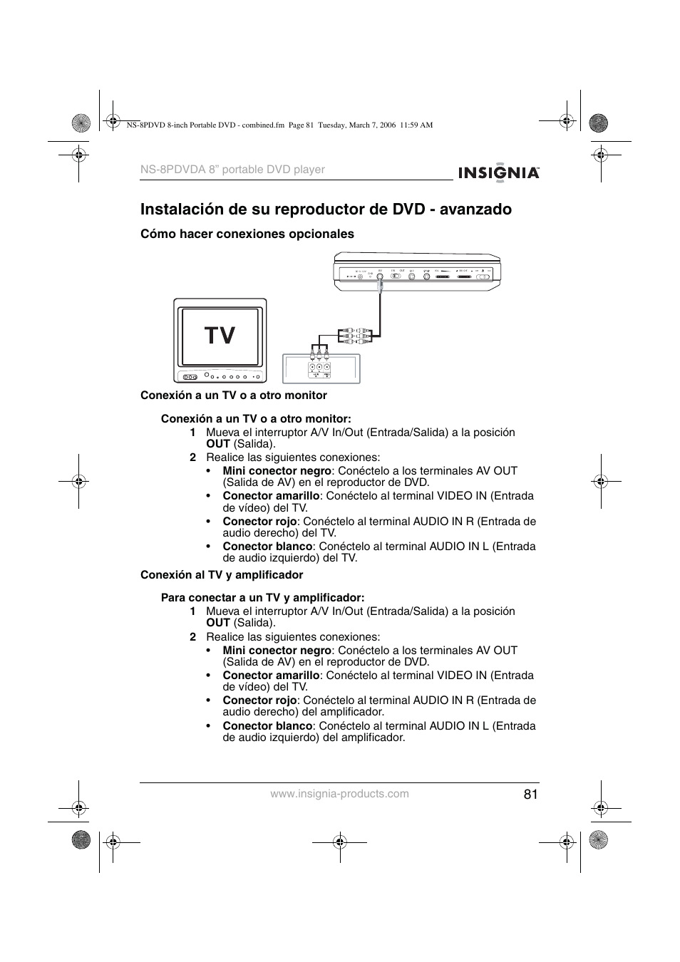 Instalación de su reproductor de dvd - avanzado, Cómo hacer conexiones opcionales | Insignia NS-8PDVDA User Manual | Page 82 / 104
