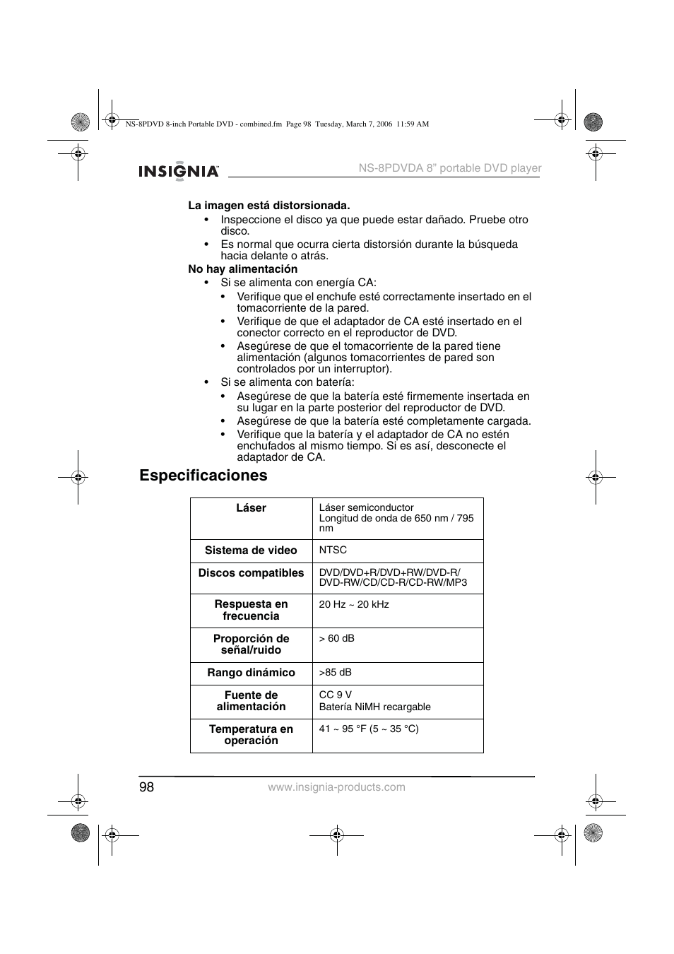 Especificaciones | Insignia NS-8PDVDA User Manual | Page 99 / 104