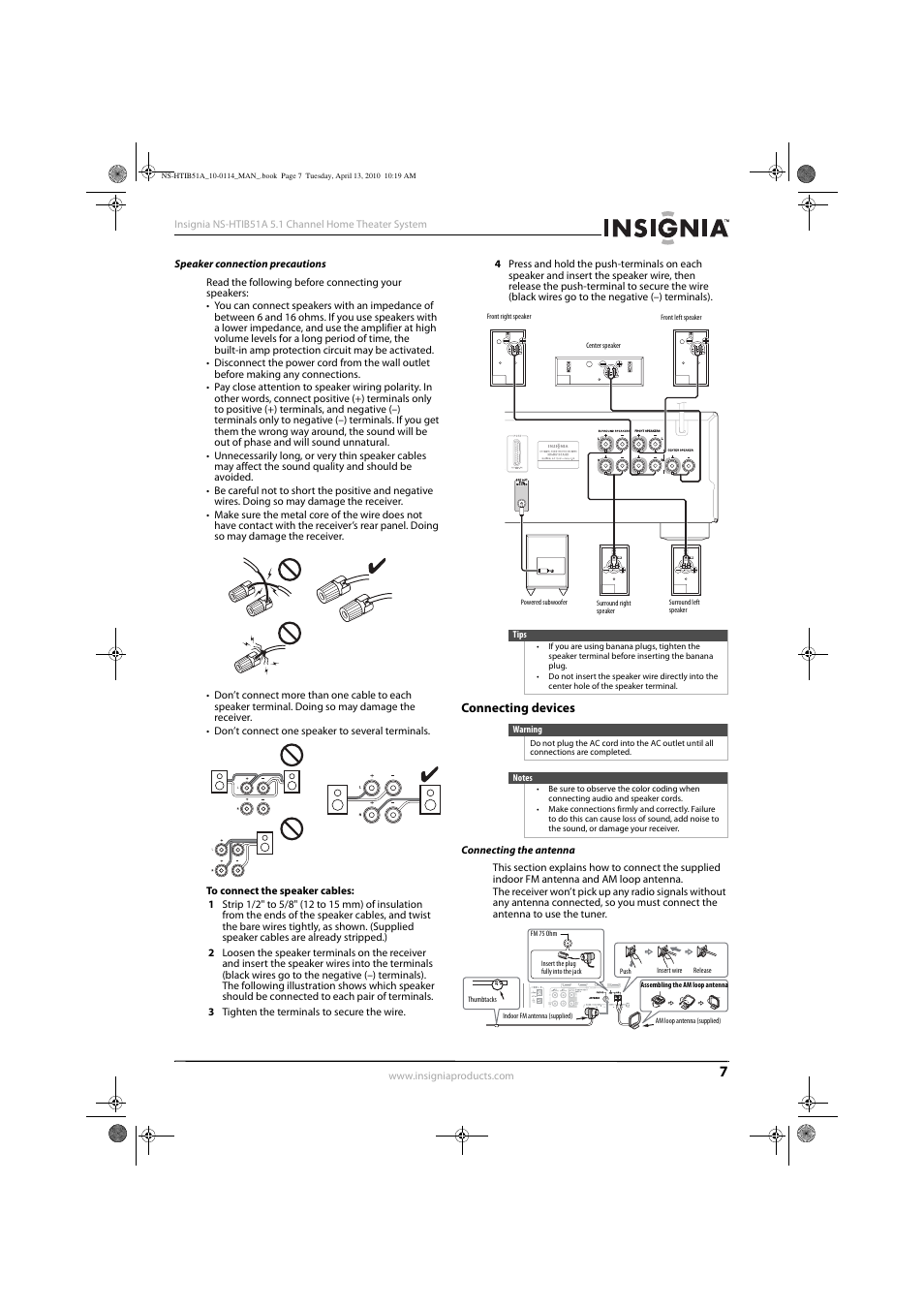 Speaker connection precautions, Connecting devices, Connecting the antenna | Insignia NS-HTIB51A User Manual | Page 11 / 40