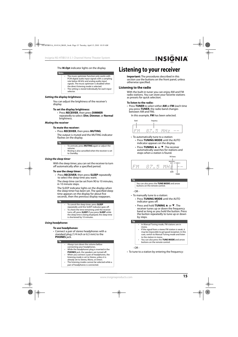 Setting the display brightness, Muting the receiver, Using the sleep timer | Using headphones, Listening to your receiver, Listening to the radio | Insignia NS-HTIB51A User Manual | Page 19 / 40