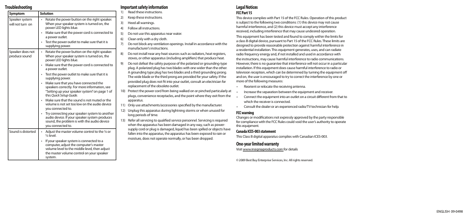 Troubleshooting, Important safety information, Legal notices | One-year limited warranty | Insignia NS-PCS21 User Manual | Page 2 / 2