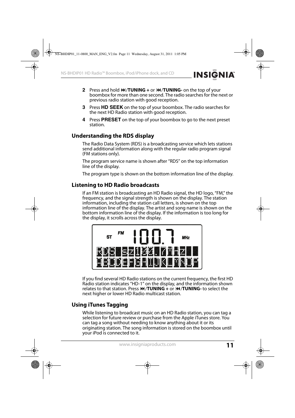 Understanding the rds display, Listening to hd radio broadcasts, Using itunes tagging | Insignia NS-BHDIP01 User Manual | Page 10 / 20