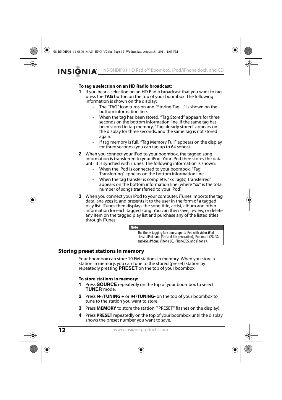 To tag a selection on an hd radio broadcast, Storing preset stations in memory, To store stations in memory | Insignia NS-BHDIP01 User Manual | Page 11 / 20