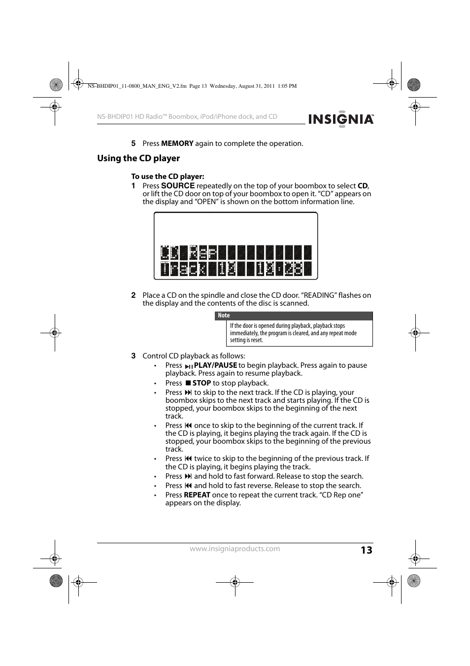 Using the cd player, To use the cd player | Insignia NS-BHDIP01 User Manual | Page 12 / 20