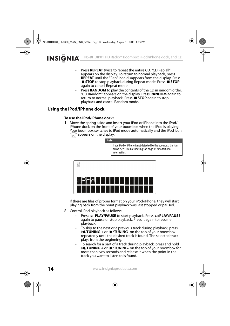 Using the ipod/iphone dock, To use the ipod/iphone dock | Insignia NS-BHDIP01 User Manual | Page 13 / 20